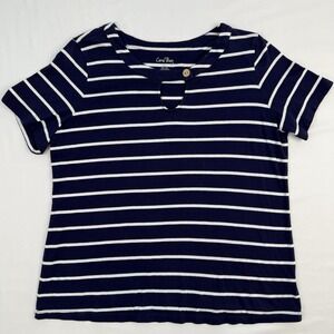 Coral Bay Women's XL Shirt Blue White Striped Top Short‎ Sleeve Blouse Nautical